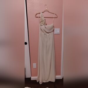 One-Shoulder Cream Evening Gown with Floral Detail